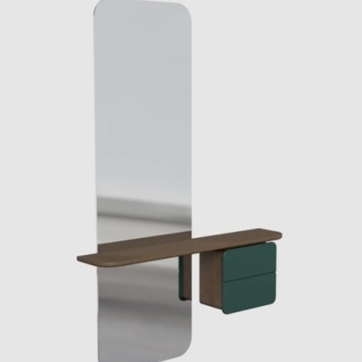 Espelho vertical com base em madeira castanha e gavetas verdes escuras