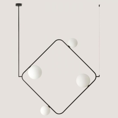 Candeeiro de teto suspenso com estrutura metálica preta e globos de vidro opaco brancos