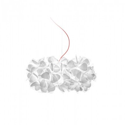 Lustre suspenso branco com duas formas arredondadas e cabo vermelho