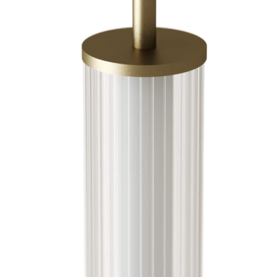 Luminária pendente dourada com cúpula de vidro transparente texturizado.