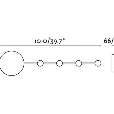 Desenho técnico de cabideiro de parede com cinco ganchos e dimensões em mm