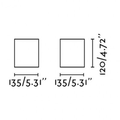 Desenho técnico de duas secções quadradas com medidas em cm e polegadas