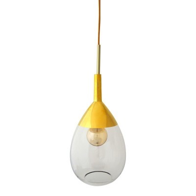 Luminária pendente de vidro com suporte amarelo e fio laranja