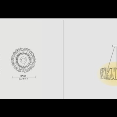 Candeeiro pendente amarelo com franjas e especificações técnicas