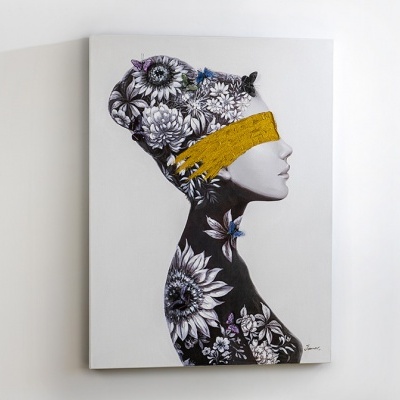 Tela com arte feminina perfil flores e faixa amarela