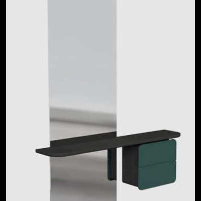 Espelho de parede grande com estrutura preta e armários verdes escuros