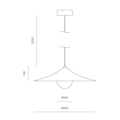 Desenho técnico de candeeiro de teto com cúpula cónica e lâmpada central.