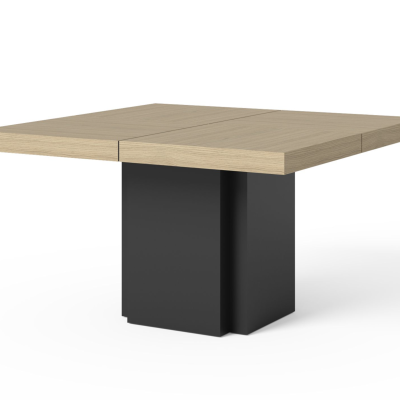 Mesa de jantar quadrada com tampo em madeira clara e base preta em fundo branco