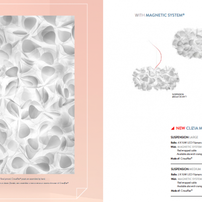 Página de catálogo mostra luminária suspensa branca com formas curvas e texto técnico