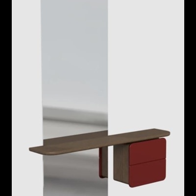 Espelho alto com prateleira de madeira e gavetões vermelhos suspensos