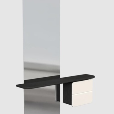 Espelho de parede com prateleira preta e gaveta branca