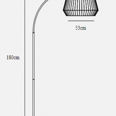 Luminária de pé com cúpula preta em padrão listrado e medidas indicadas.