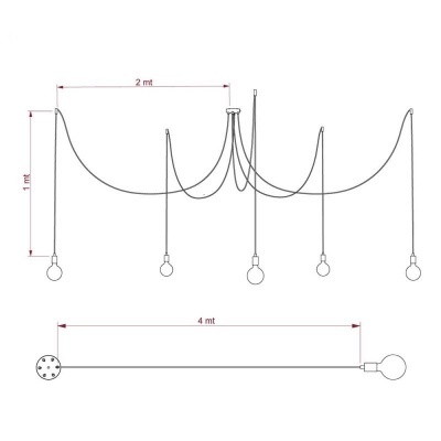 Diagrama técnico de candeeiro suspenso com cinco lâmpadas e fios pretos