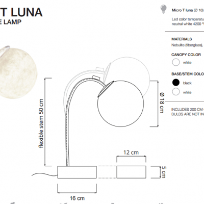 Lâmpada de mesa MICRO T LUNA com cúpula branca em forma de lua e base retangular cinzenta