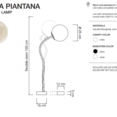 Candeeiro de chão Micro Luna Piantana com haste flexível preta e cúpula bege