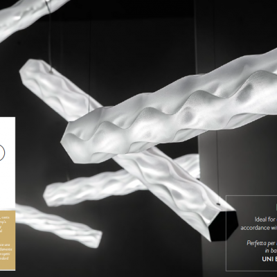 Luzes de escritório brancas com design ondulado e texto informativo