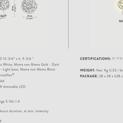 Informações técnicas de um produto de iluminação LED com dimensões, cores, materiais, e peso