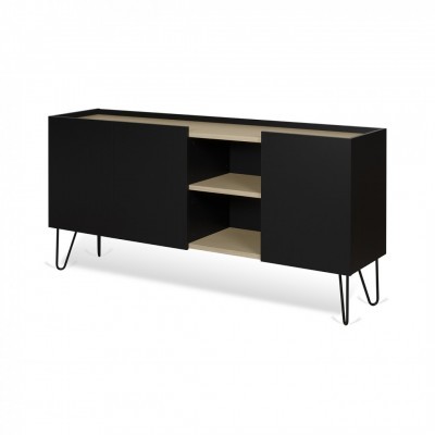 Aparador moderno preto com interior em madeira clara e pernas metálicas finas