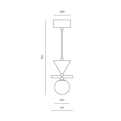 Desenho técnico de candeeiro suspenso com medidas.