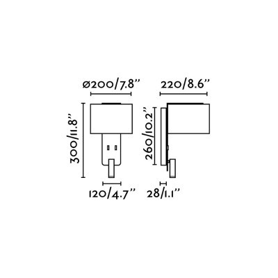 Desenho técnico de uma lâmpada de parede com dimensões em polegadas e milímetros