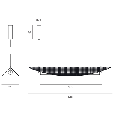 Desenho técnico de candeeiro suspenso com cúpula circular e suporte tripé, com dimensões, em fundo branco