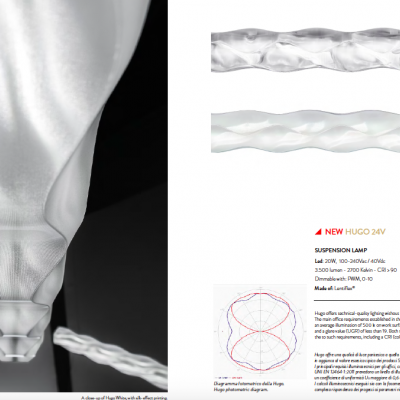 Candeeiro suspenso em vidro transparente com design ondulado e esquemas técnicos do modelo HUGO 24V