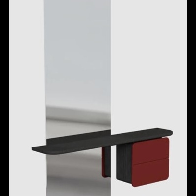 Espelho de parede com prateleira preta e caixa vermelha com gavetas