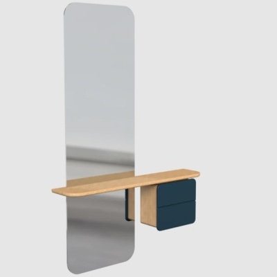 Espelho de parede com prateleira e gavetões azuis