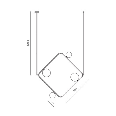 Desenho técnico de mesa suspensa quadrada inclinada com dimensões e esferas