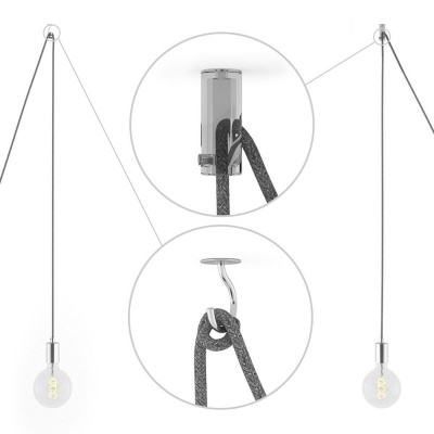 Candeeiro pendente com cabo cinza e suportes metálicos