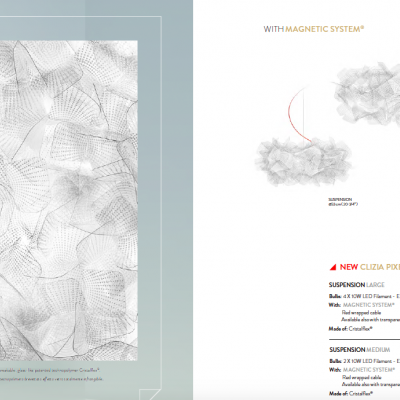 Padrão abstrato cinzento e catálogo de luminárias com descrições técnicas e imagens