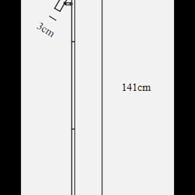 Desenho técnico de candeeiro de pé preto com medidas e luz ajustável