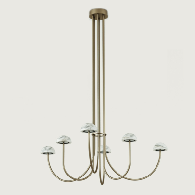 Candeeiro de teto dourado com seis cúpulas de mármore branco