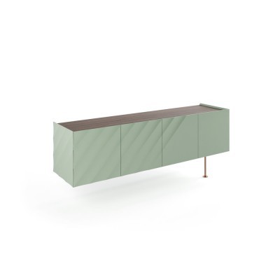 Móvel de apoio suspenso verde com tampo madeira e pé metálico