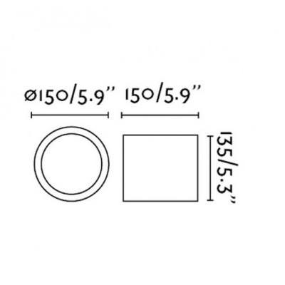 Desenho técnico com dimensões de círculo e quadrado em preto e branco