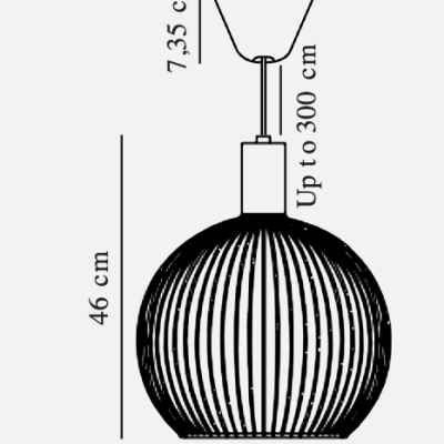 Desenho técnico de candeeiro suspenso com cúpula esférica preta e medidas detalhadas em centímetros