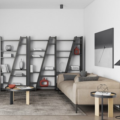 Sala de estar moderna com sofá bege, mesas de centro, estantes pretas e quadro abstrato