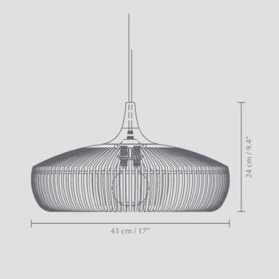Candeeiro suspenso metálico cinza de forma circular com medidas indicadas