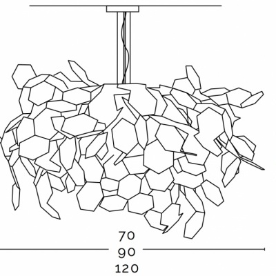 Luminária pendente com formas geométricas em preto e medidas visíveis