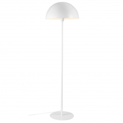 Candeeiro de pé branco com cúpula semi-esférica e base redonda