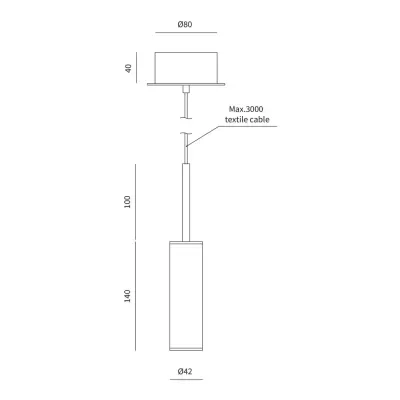 Desenho técnico de candeeiro pendente com dimensões detalhadas.