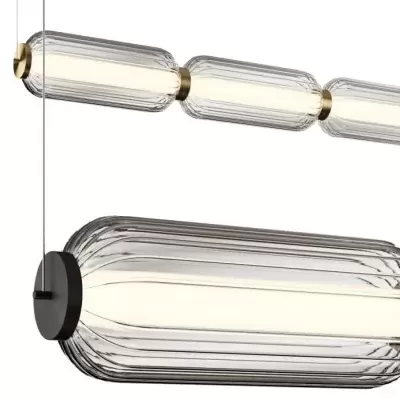 Candeeiro de tecto com três luzes cilíndricas de vidro transparente e metal negro e dourado