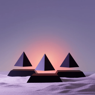 Pirâmides pretas flutuantes e bases retangulares com luz laranja ao fundo