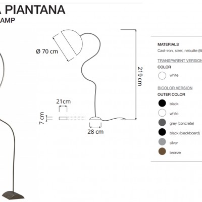 Candeeiro de pé metálico MEZZA LUNA PIANTANA preto e branco com medidas e opções de cor.