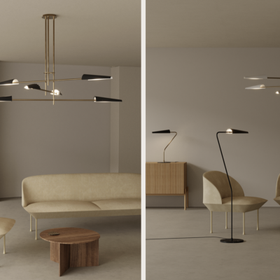 Sala com candeeiro de suspensão dourado, sofá e poltrona bege, mesa de centro de madeira e móvel aparador de madeira clara