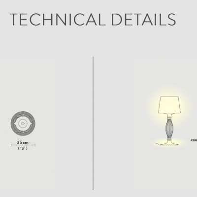 Desenho técnico de candeeiro de mesa com medidas e luz LED de 360°