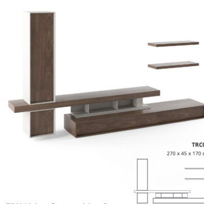 Conjunto de móveis para sala com acabamento em madeira castanha e branco