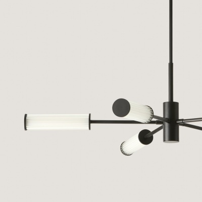 Candeeiro de teto moderno com braços e difusores cilíndricos brancos