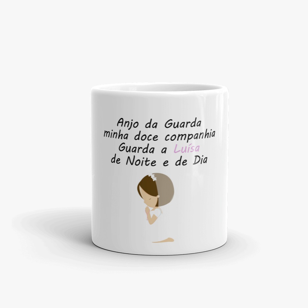 Caneca "Anjo da Guarda" Caneca branca com texto e ilustração de anjo