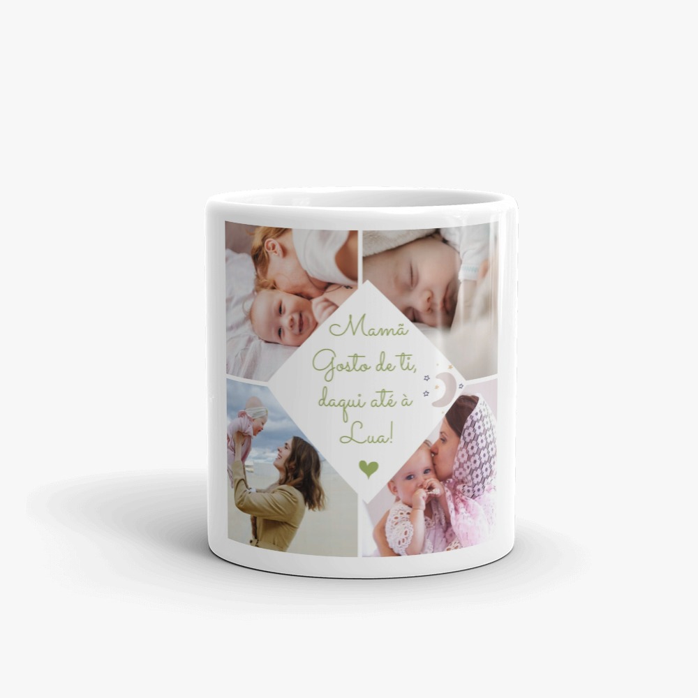 Caneca Dia das Mães Caneca branca com fotos de mãe e bebé e texto em verde no centro.